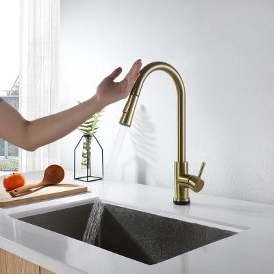 China Other 304 Stainless Steel Kitchen Sink Water Gold Brushed Color Pull Out Smart Touch Sensor Kitchen Faucet for sale