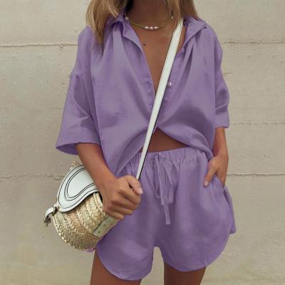 China Summer Breathable Shorts Set Solid Color Loose Fashion Casual Shirt And Short Set Women for sale