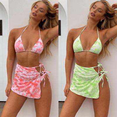 China Breathable Tie Dye Bikini 2020 Push Up Halter Three Piece Swimsuit Set Women Micro Padded Bikini Top Thong Swimwear Beachwear Set for sale