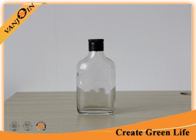 China 200ml Clear Glass Hip Flask Bottle With Black Aluminium Cap / Glass Liquor Bottles for sale