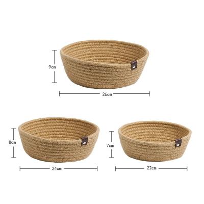 China Sustainable 3 Piece Set Decorative Woven Cotton Rope Storage Rack Basket With A Leather Handle for sale