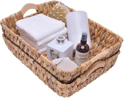 China Sustainable Natural Rattan Water Hyacinth Storage Basket With Wooden Handle for sale