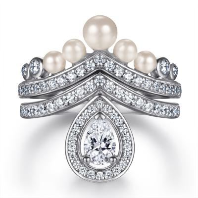 China CLASSIC Engagement Silver Jewelry Rings Set Women Sterling Wedding Luxury Diamond Rings With Pearl for sale