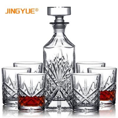 China New Jingyue Classic/Postmodern Clear Crystal Cut Wine Liquor Whiskey Decanter Set of 7 Packs and 6 Old Fashion Glasses for Wedding Birthday for sale