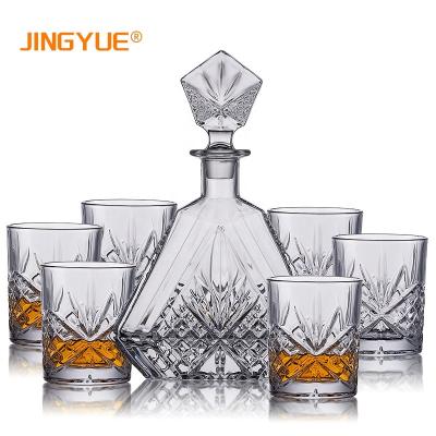 China New Classic/Postmodern 7 Pack 22oz Crystal Clear Triangular Glass Bottle Bourbon Wine Liquor Whiskey Decanter Set With 300ml 6 Whiskey Glasses for sale