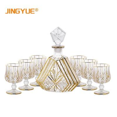 China Jingyue 7-Piece 600ml New Classic/Postmodern Triangular Gold Crystal Clear Whiskey Decanter with 6 Gblet Glasses for Whiskey Liquor Drink for sale