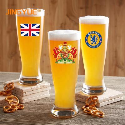 China New JINGYUE Logo Printed Classic/Postmodern Craft Wholesale Custom Beer Stein Pilsner Pint Glasses 16oz 480ml for Bar Bar Restaurants for sale