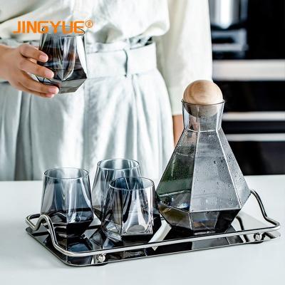 China Diamond Stylish Gray Juice Milk Viable Geometric Hexagonal Glass Cold Water Pitcher Set For Restaurant Home Hotel for sale