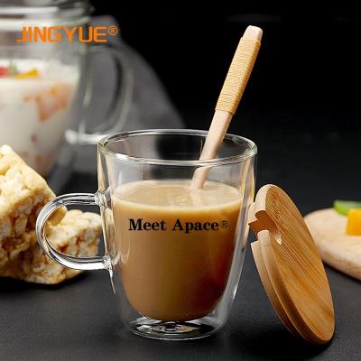 China WITH LID JINGYUE Wuhan 2021 Sale 12oz Wall Glass Coffee Mug Double High Borosilicate Heat Resistance Coffee Glass Water Mugs With Handle for sale