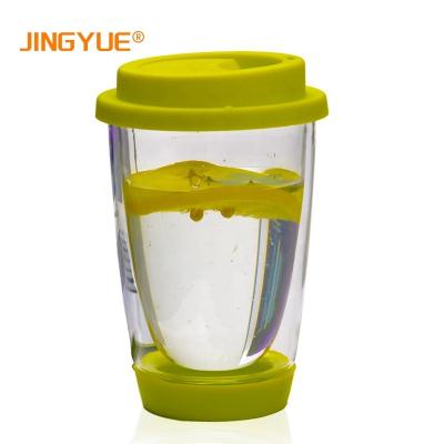 China Durable 12 Ounce Non Slip Tall Glass Coffee Cups Borosilicate Glass Double Walled Insulated Tumblers With Silicone Bottom for sale