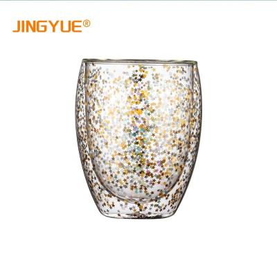 China 350ml 12oz Borosilicate Glass Twinkle Double Wall Viable Insulated Stemless Drinking Glass For Wine Coffee Latte for sale