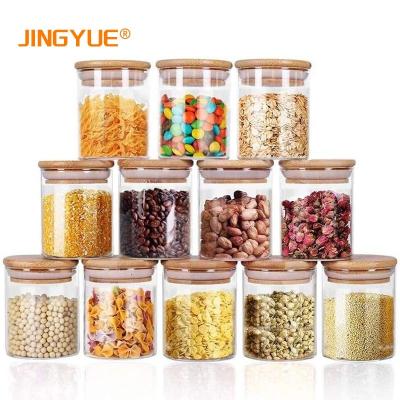 China Steamable Home Kitchen 12 Piece Glass Jars Set 8.5oz Food Storage Airtight Canister Sets With Bamboo Lid For Tea Flour Cookie Candy for sale