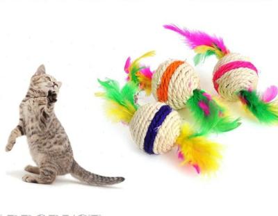 China Factory Customized Viable Interactive Spring Cat Toy Sisal Stress Ball With Feather for sale