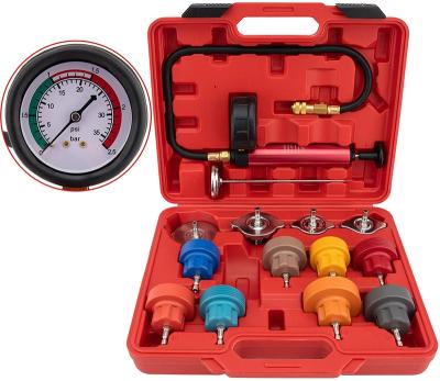 China Aluminum 14 Pcs HD Aluminum Cooling System Radiator Cap Pressure Tester Kit Water Tank Leak Detector Automatic Pump Measuring Adapter for sale