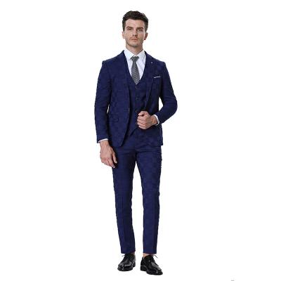 China Anti-Wrinkle Business Men Suits 3 Pieces Groom Tuxedos Green Slim Fit Checked Royal Blue Wedding Suits Good Business Men Suits Design for sale