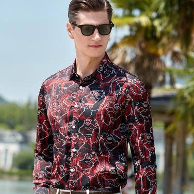 China New Elastic Cotton Men's Summer Cotton Anti-Shrink Vacation Spring Vacation Casual Shirt Anti-Shrink Printing Long Sleeve Shirtresort for sale