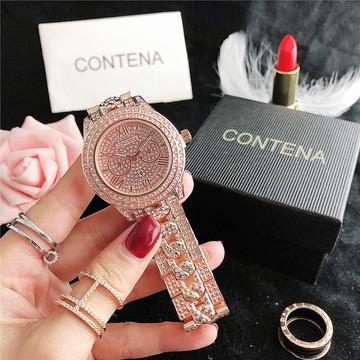 China CONTENA Fashion Shock Resistant Gold Watch Women Watches Luxury Rhinestone Ladies Stainless Steel Clock reloj mujer for sale