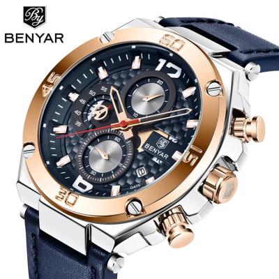 China Automatic Date Brand Watch Men Chronograph Quartz Wrist Watch Automatic Top Luxury Band Analog Leather Wrist Watch BENYAR 5151 Date for sale