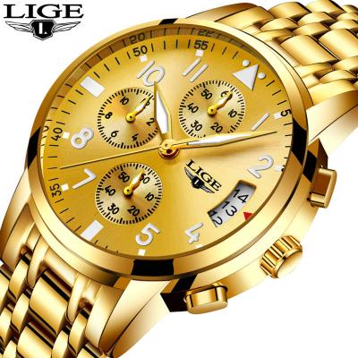 China LIGE 9825 date automatic men's watches top brand men's quartz sports steel waterproof gold watch full for sale