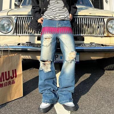 China Breathable Custom Ripped Hole Jeans For Man Embroidery Jeans Pants High Street Loose Straight-Leg Casual Mens Jeans for sale