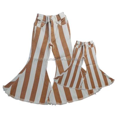 China Hot Selling Anti-Pilling Mommy And Me Striped Jeans Full Length Mommy And Daughter Bell Bottoms Denim Bell Bottoms Flare Pants for sale