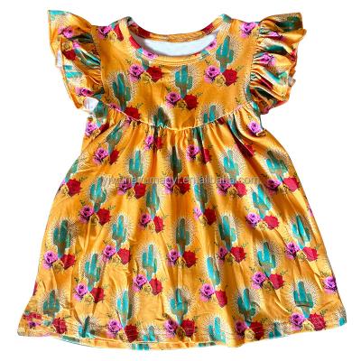 China Fashion Kids Washable Girl Clothes Princess One Piece Dress Yellow Floral Teal Cactus Pattern Flutter Sleeve for sale