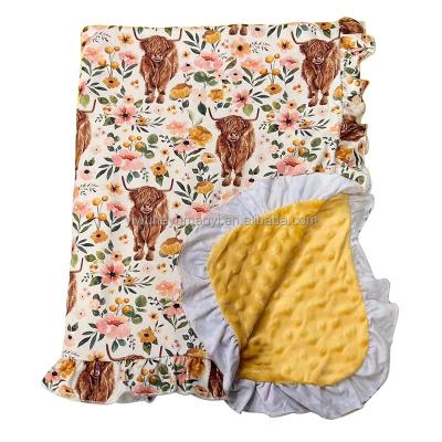 China Sustainable Customize Newborn Baby Blankets Floral Cow Western Pattern With Yellow Knitted Fleece Striping Blankets Ruffle Kids Blankets for sale