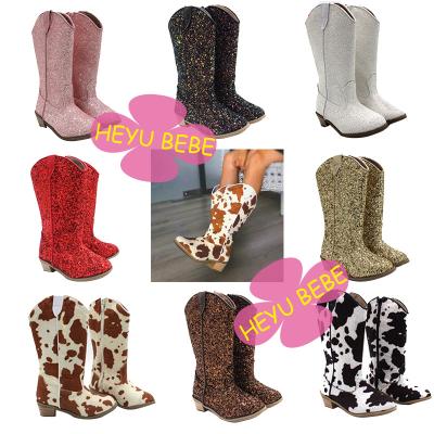 China American Western Country Cowboy Kids Style RTS Tall Boots Kids Zipper Anti-Slippery Canister Rejects Sequin Cow Fashion High Heel Girl Shoes for sale