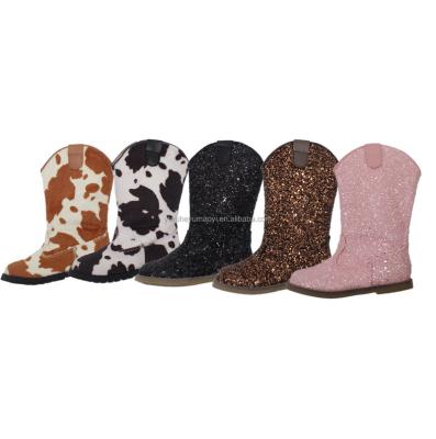 China Anti-Slippery Warm Boots For Little Girls Cowgirl Style Western Boots Flat-heeled High Zipper Shoes Fashion Glitter Cow Leg Boots for sale