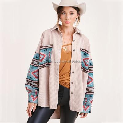 China Hot Sale Autumn Winter Adult Girls Corduroy Shirts Tops Plaid Pattern Women Long Sleeve Breathable Warm Western Aztec Jacket Coat for sale