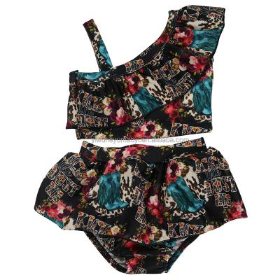 China New Breathable Summer Girls Swimwear 2 Piece Ruffle Top+Swimming Ruffle Western Print Kids Beach Swimsuits Water Sports Uses for sale