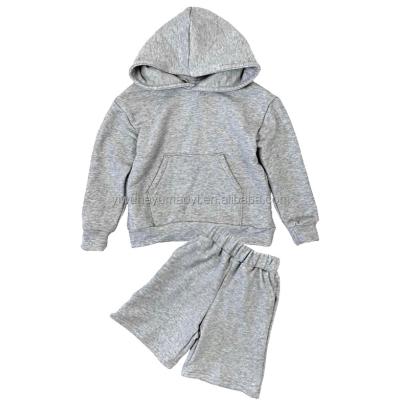 China Breathable Fall Kids Clothes Teams Kids Boys Gray French Terry Thick Fabric Hooded Sweater Tops Match Biker Shorts 2-Pieces Sets for sale