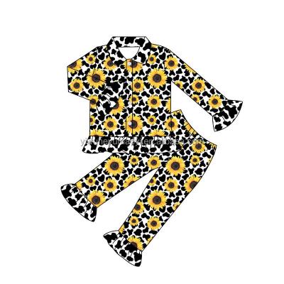 China Breathable Fashion Kids Lounge Wear Spring Autumn Sunflower Cow Pattern Children Western Ruffle Tops+Pants Pajamas Set Baby Sleep Wear for sale