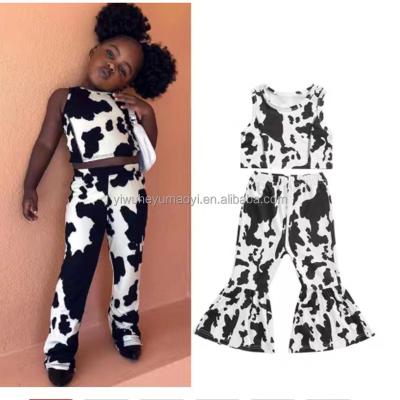 China Hot Sale Breathable Summer Little Girls Scare Print Clothing Set Kids Beach Tops And Bell Bottoms Milk Silk Baby Spring Outfits for sale