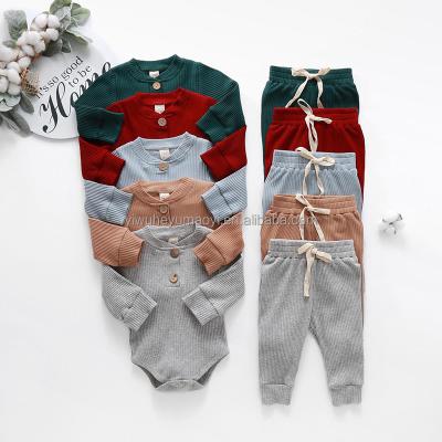 China Breathable Newborn Infant Baby Spring Boy Girl Long Sleeve Jumpsuits Autumn Ribbed Solid Clothes Sets + Elastic Pants 2pcs Outfits for sale