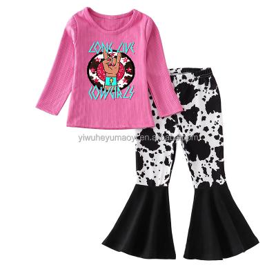 China Breathable Custom Cowgirls Pattern Babies Apparel Set Long Ribbed Tee And Cow Bell Bottom Kids Outfits for sale