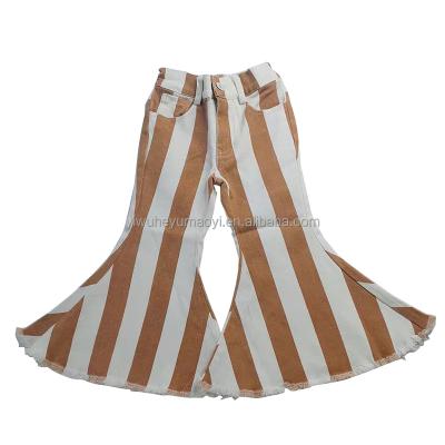 China RTS Khaki And White Casual Kids Girls Bell Bottoms Print Children'S Anti-pilling Contrast Striped Denim Flare Pants for sale