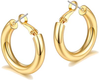 China TRENDY 925 Sterling Silver Post 14K Gold Plated Women Chunky Thick Gold Hoop Earrings Lightweight for sale