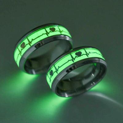 China HOT Style Stainless Steel Finger Women Men Women Gift Jewelry Halloween Explosive Fashionable Glow In The Dark Luminous ECG Heart Couple Rings for sale