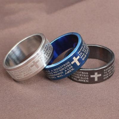 China TRENDY Gift Black Christian Titanium Letter Cross Fashion Jewelry Bible Spanish Prayer Men and Women Ring for sale