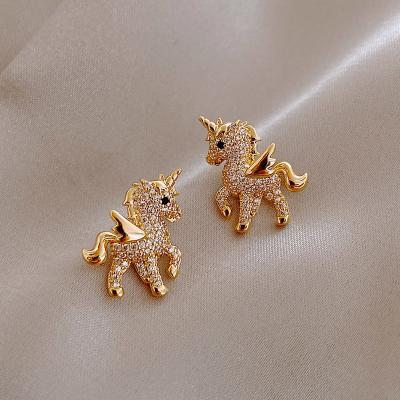 China 2021 New Cute Vintage 925 Silver Needle Rhinestone Gold Plated Stud Animal Unicorn Earrings Girls Birthday Party Jewelry For Women for sale