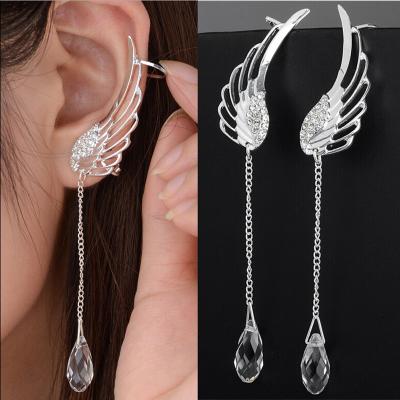 China 2021 New Vintage Rhinestone Silver Plated Drop Dangle Ear Stud Women Long Slap Wings Angel Wing Stylist Crystal Bohemia Angel Earrings for sale