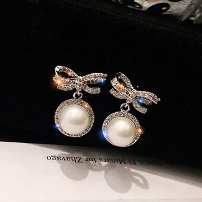 China Vintage 925 Silver Needle Cubic Zirconia Pearl Micro Inlaid Shiny Women's Simple Drop Earrings for sale