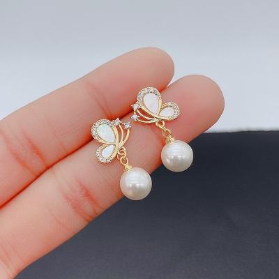 China Vintage 925 Silver Butterfly Diamond Shell Elegant Fairy Needle Pearl Drop Earrings for sale