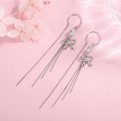 China Others 925 Sterling Silver Simple Line Fashion Loss Bow Tassel Earrings Women Bowknot Ear Long Anti Loss for sale