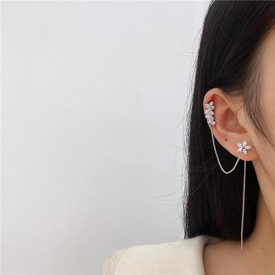 China TRENDY 925 Silver Needle No Zircon Inlaid Flower Tassel Wheat Earrings Chain Wire Ear Cuff Long Loop Zircon Gold Plated Ear Cuff for sale