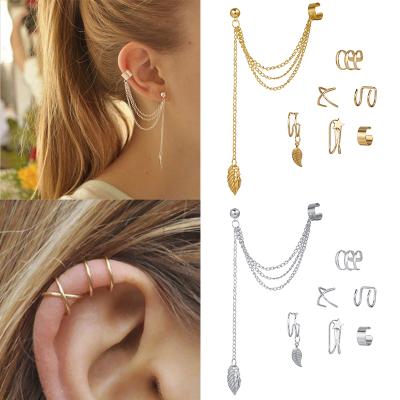 China Vintage Fashion 7pcs Gold Star Leaves Non-Piercing Tassels Simple Jewelry Ear Cuff Clip Creative Alloy Earring Set For Women for sale