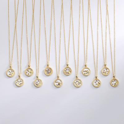 China FASHIONABLE Medallion Necklace Disc Coin Astrology Image Zodiac Constellation 12 Pendant 18K Gold Plated Brass Zodiac Embossed Coin Necklace for sale