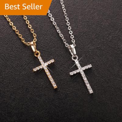 China Silver Women Religious Christ Crystal Zircon Cross Pendant Necklace Trendy Fashion Gold Color Jewelry Men for sale