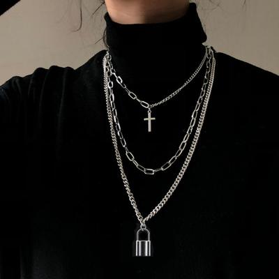 China Best Selling Hiphop /Rock Chain Men's Long Chain Hip-Hop Cross Padlock Necklace Three-Layer Jewelry New Metal Gothic Men's And Women's Punk Pendant Necklace for sale